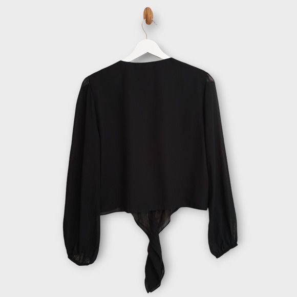 Wayf Blouse Women Small Black Chiffon Whimsy Goth Witchcore Tie Front Cropped - Picture 2 of 12